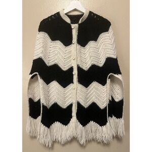 Vtg Crochet Cape Shawl Fringe Black & White Grandma Hippy Boho Handmade Womens